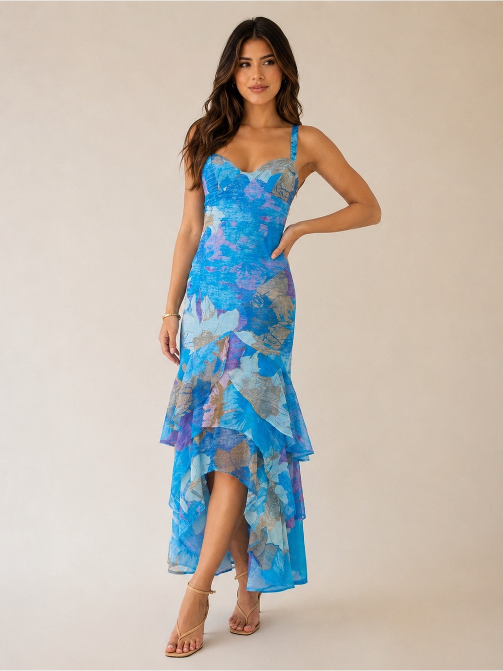 Blue Floral Tiered High-Low Dress - Picture 4 of 7